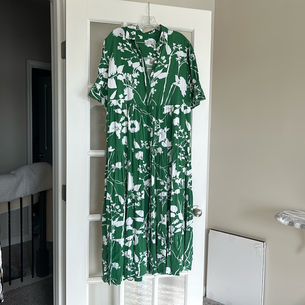 Chico's Green and White Botanical Flower Dress EUC SZ 1.5